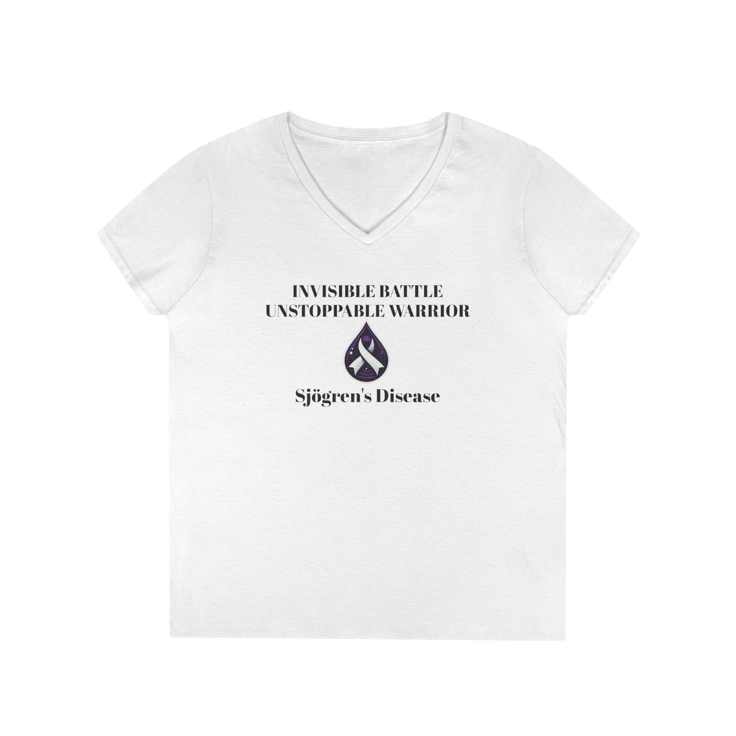 Empowering Ladies' V-Neck T-Shirt - Unstoppable Warrior Design for Sjögren's Awareness (Black Font)