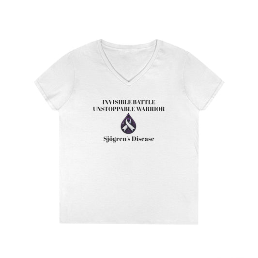 Empowering Ladies' V-Neck T-Shirt - Unstoppable Warrior Design for Sjögren's Awareness (Black Font)