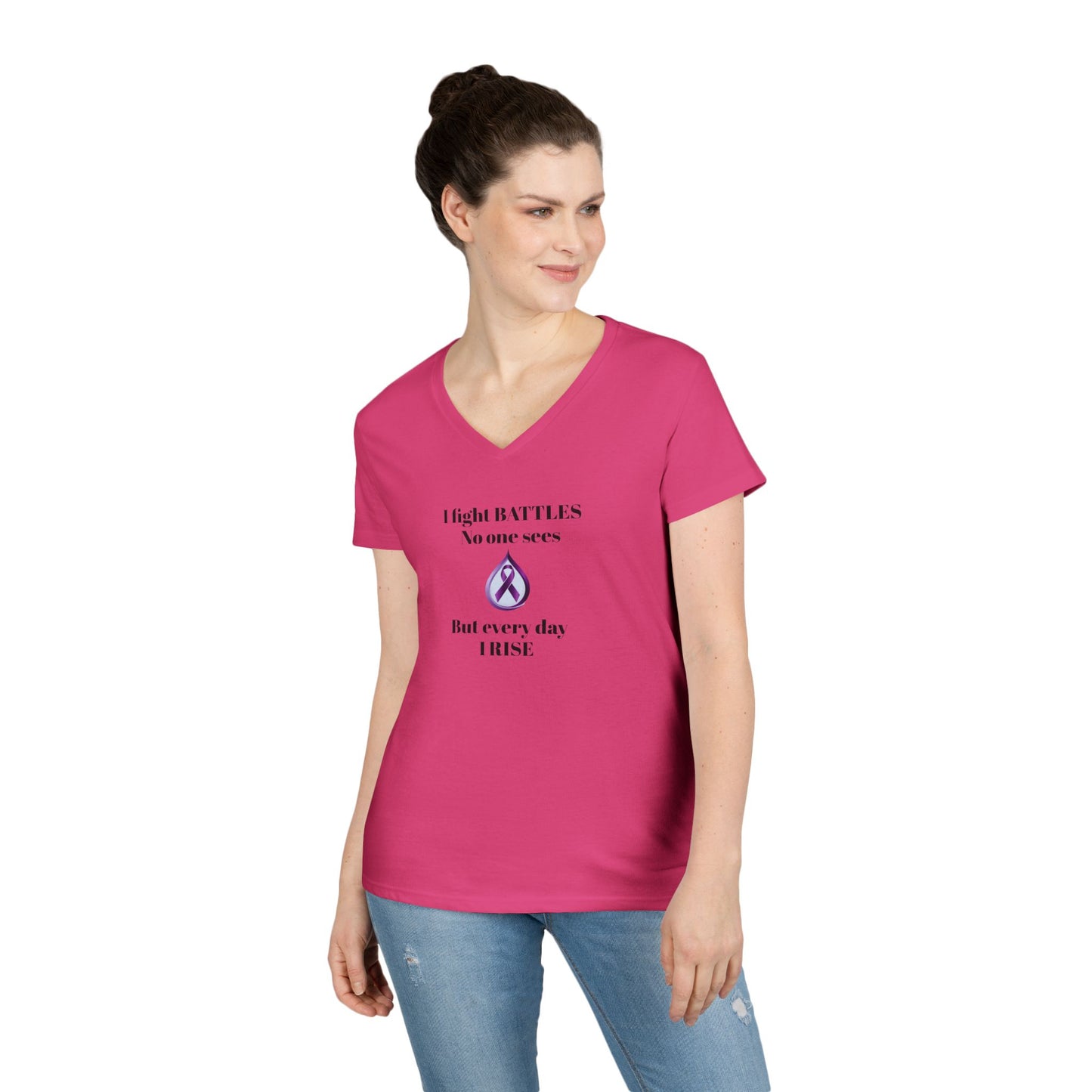 Sjögren's Disease: Empowering Ladies' V-Neck T-Shirt - "I fight BATTLES no one sees, but every day I RISE" Design (Black Font/Blue Tear Graphic)
