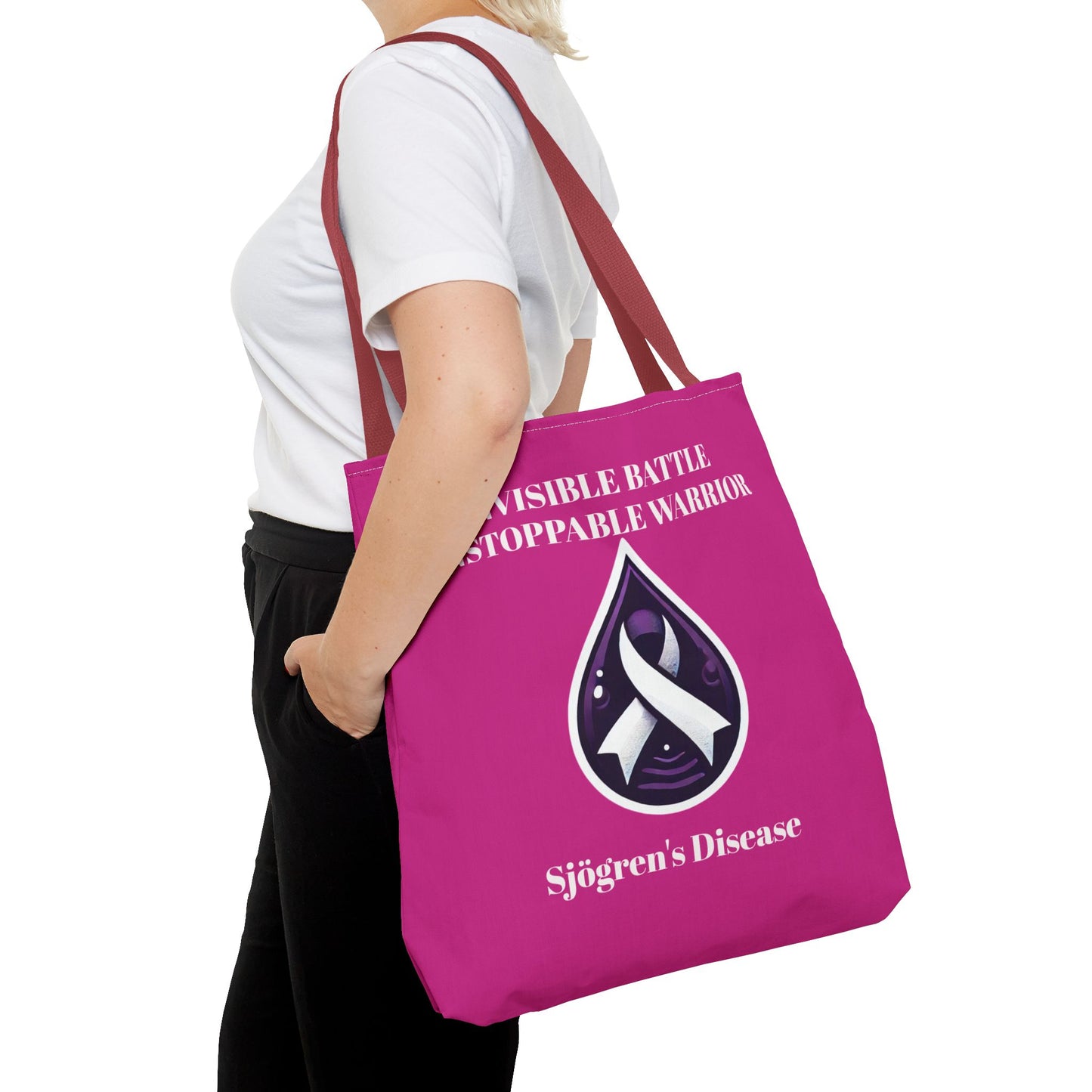 Invisible Battle Unstoppable Warrior Tote Bag - Sjögren's Disease Awareness (Dark Pink)