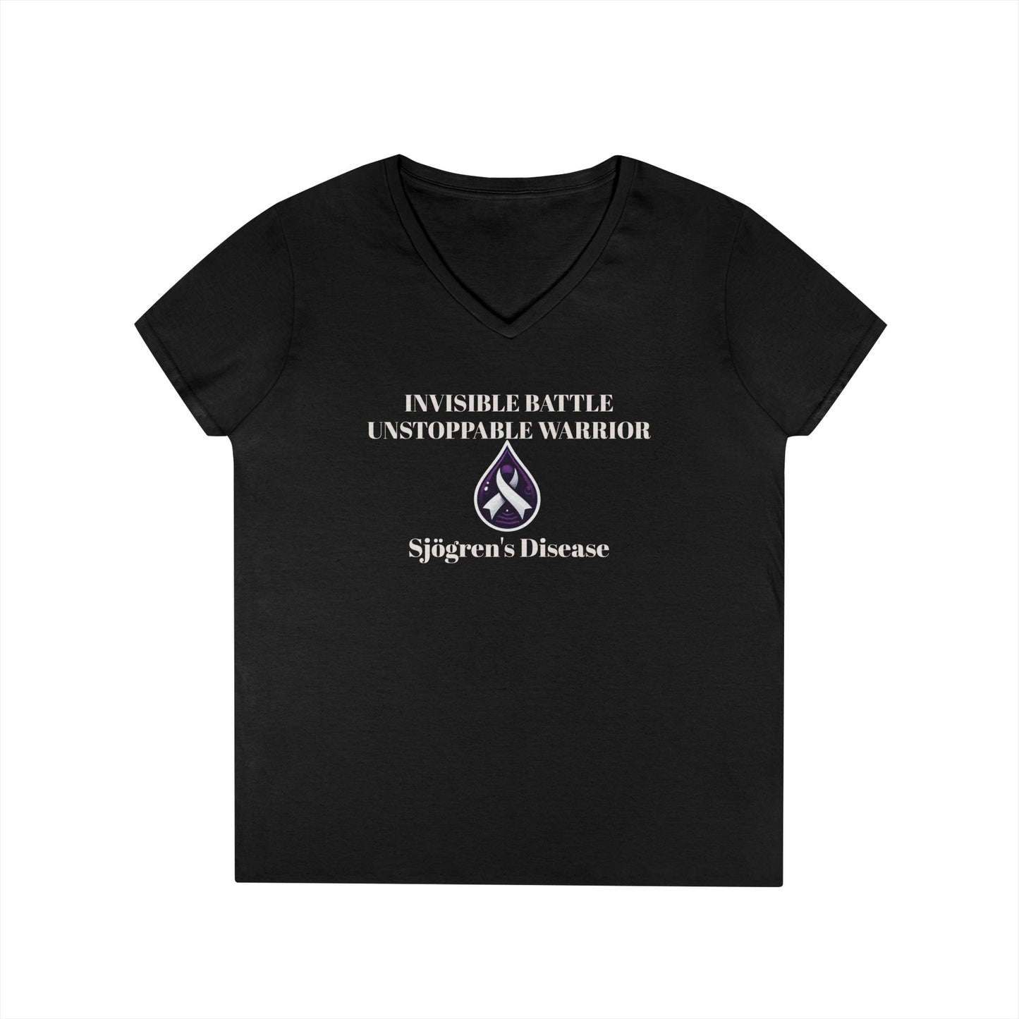Empowering Ladies' V-Neck T-Shirt - Unstoppable Warrior Design for Sjögren's Awareness (White Font)