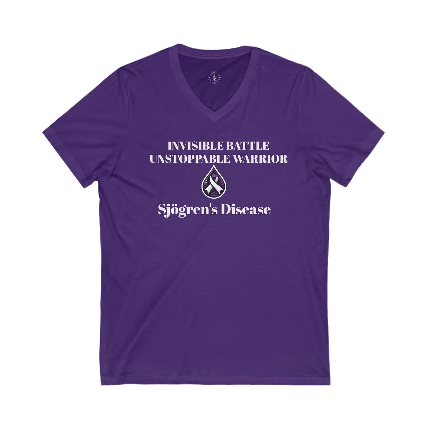 Unisex V-Neck Tee - Invisible Battle Unstoppable Warrior for Sjögren's Disease Awareness (Black Font)