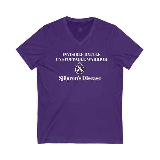 Unisex V-Neck Tee - Invisible Battle Unstoppable Warrior for Sjögren's Disease Awareness (Black Font)