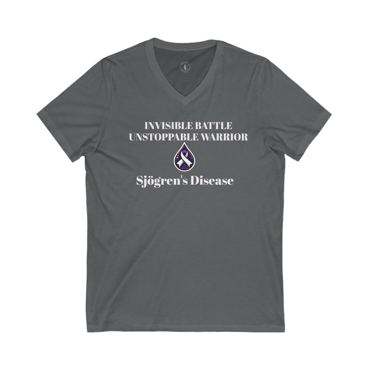 Unisex V-Neck Tee - Invisible Battle Unstoppable Warrior for Sjögren's Disease Awareness (Black Font)