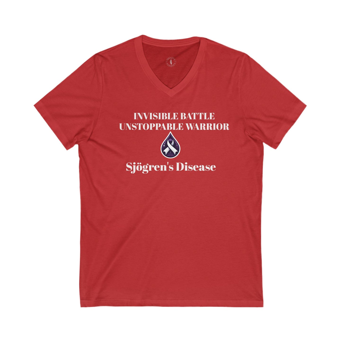 Unisex V-Neck Tee - Invisible Battle Unstoppable Warrior for Sjögren's Disease Awareness (Black Font)