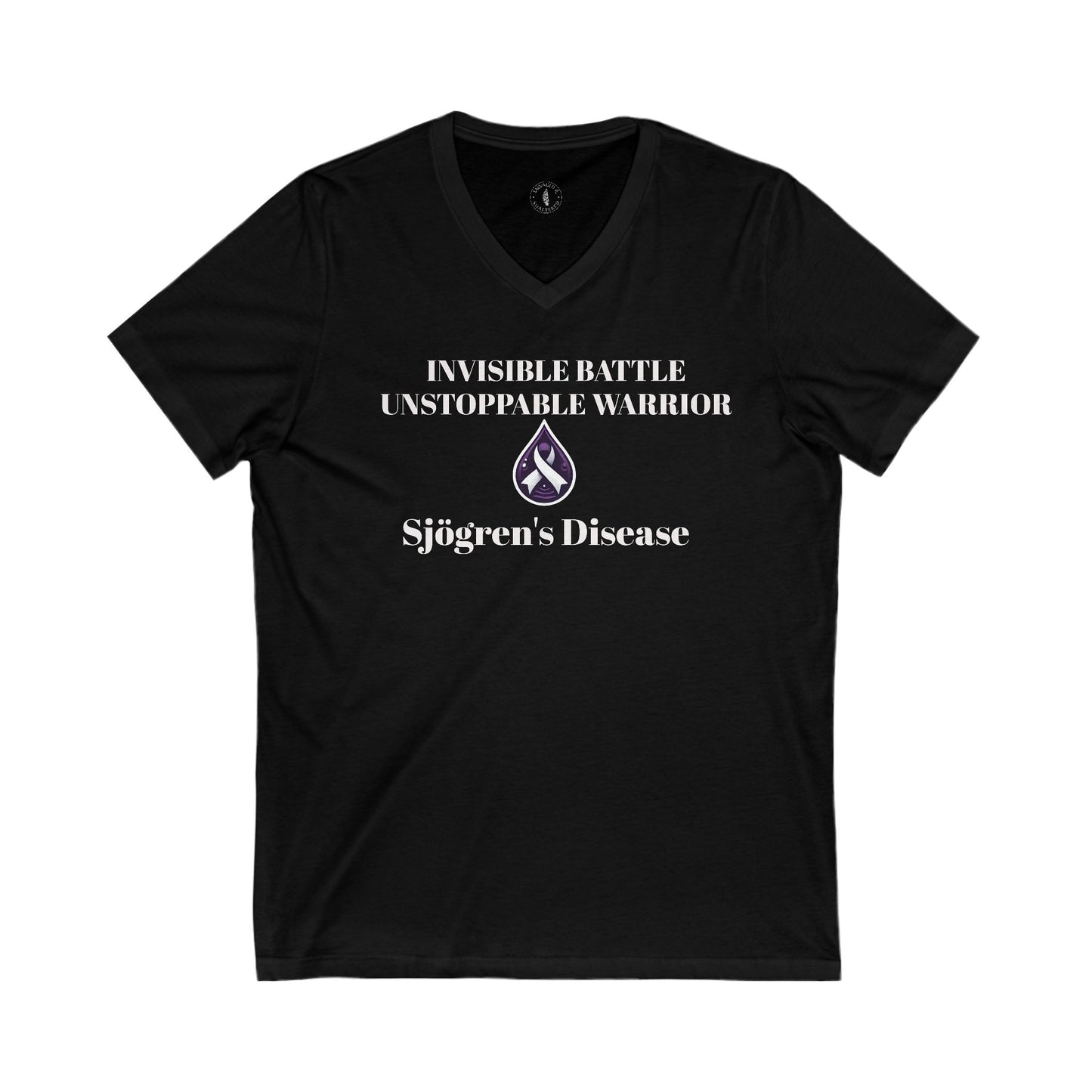 Unisex V-Neck Tee - Invisible Battle Unstoppable Warrior for Sjögren's Disease Awareness (Black Font)