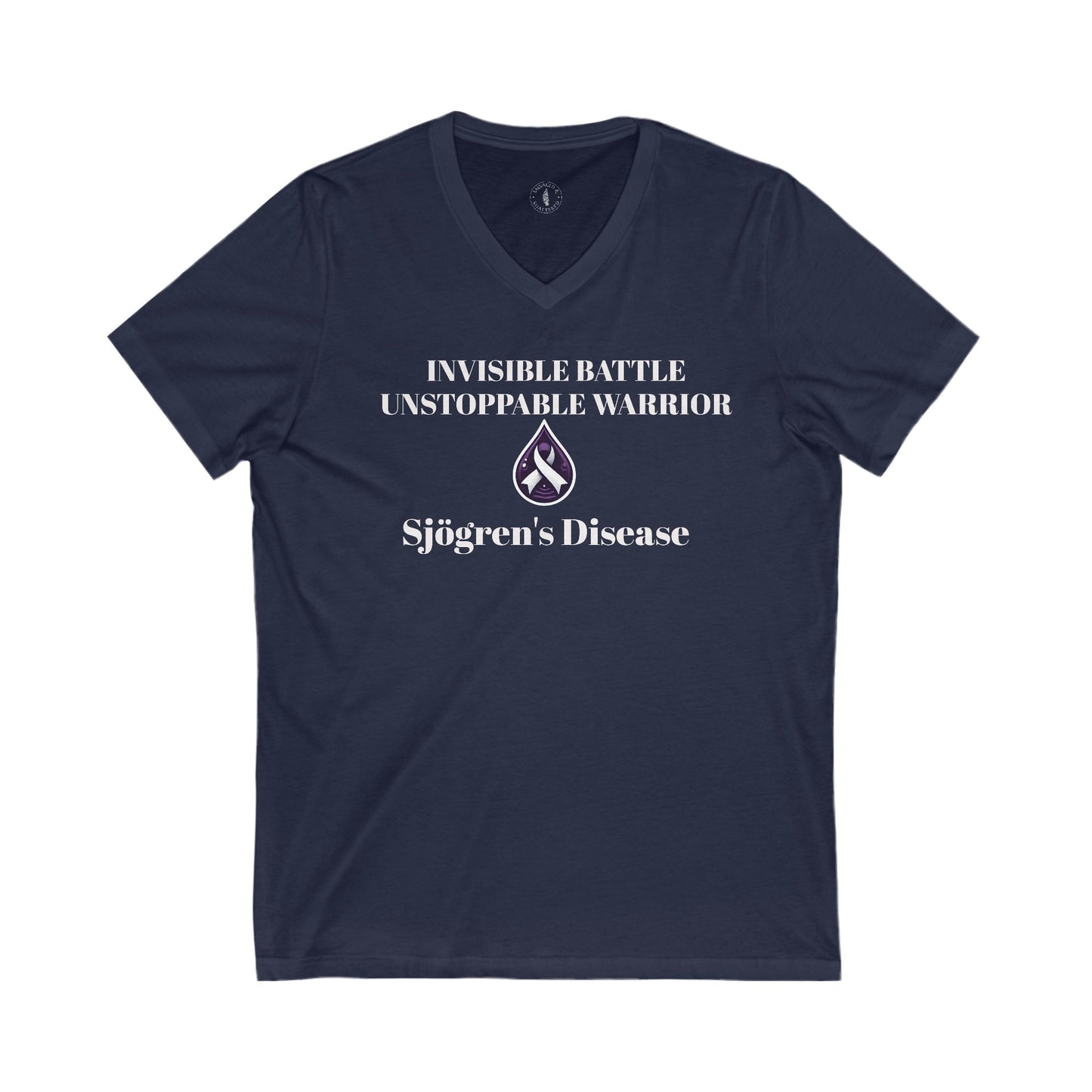 Unisex V-Neck Tee - Invisible Battle Unstoppable Warrior for Sjögren's Disease Awareness (Black Font)