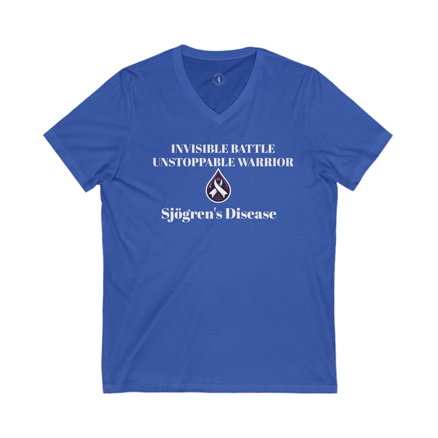 Unisex V-Neck Tee - Invisible Battle Unstoppable Warrior for Sjögren's Disease Awareness (Black Font)