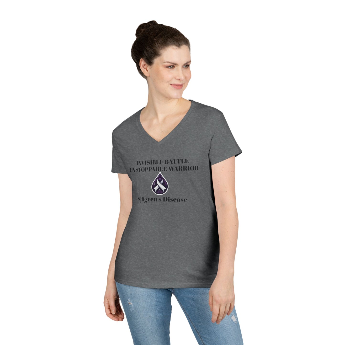Empowering Ladies' V-Neck T-Shirt - Unstoppable Warrior Design for Sjögren's Awareness (Black Font)