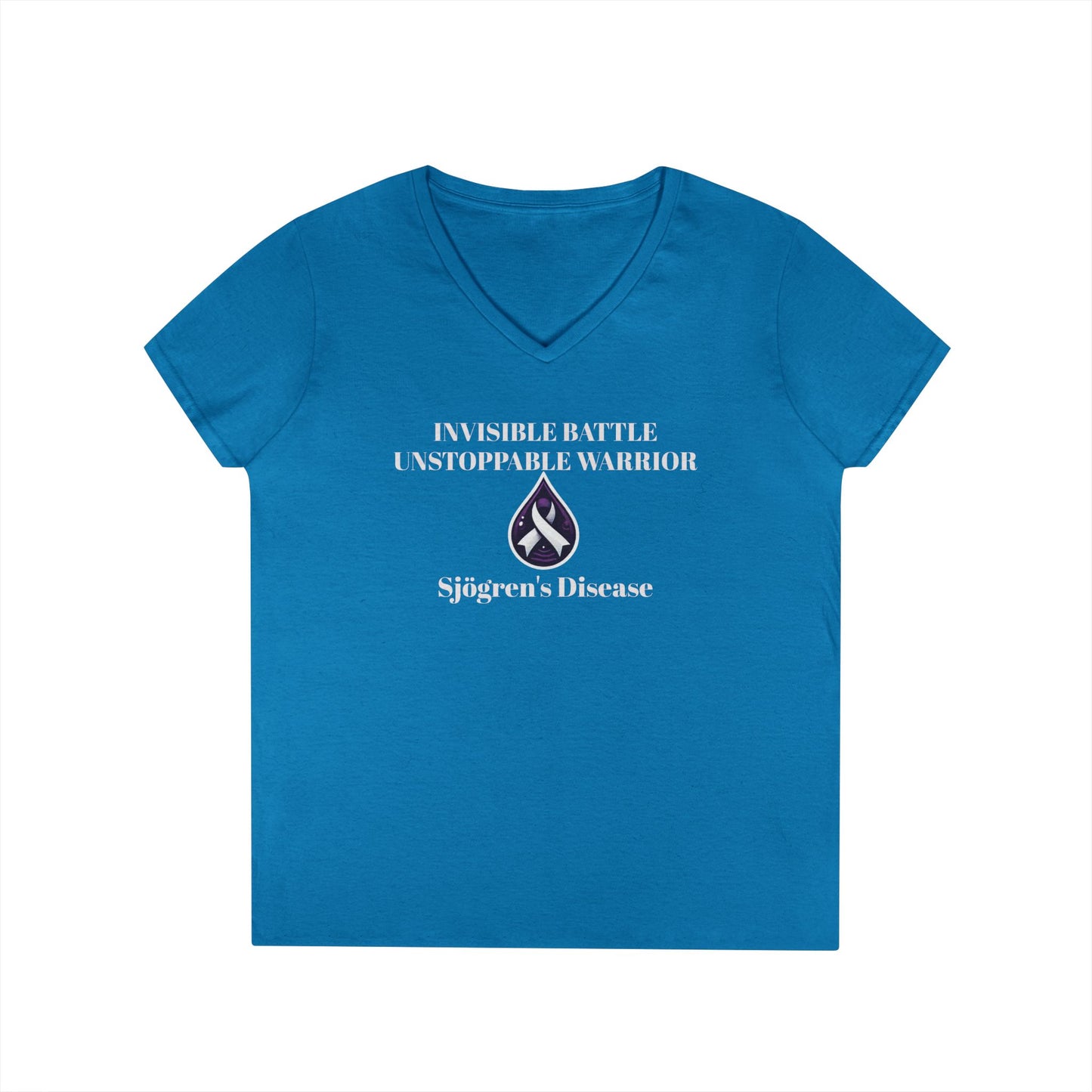 Empowering Ladies' V-Neck T-Shirt - Unstoppable Warrior Design for Sjögren's Awareness (White Font)