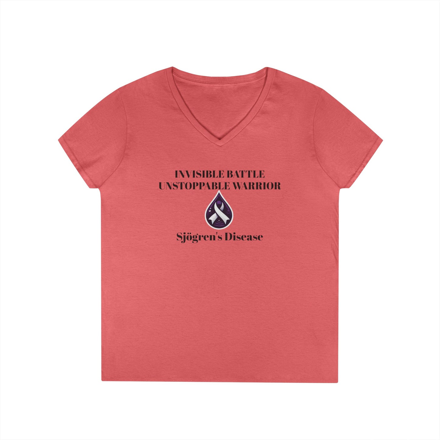 Empowering Ladies' V-Neck T-Shirt - Unstoppable Warrior Design for Sjögren's Awareness (Black Font)