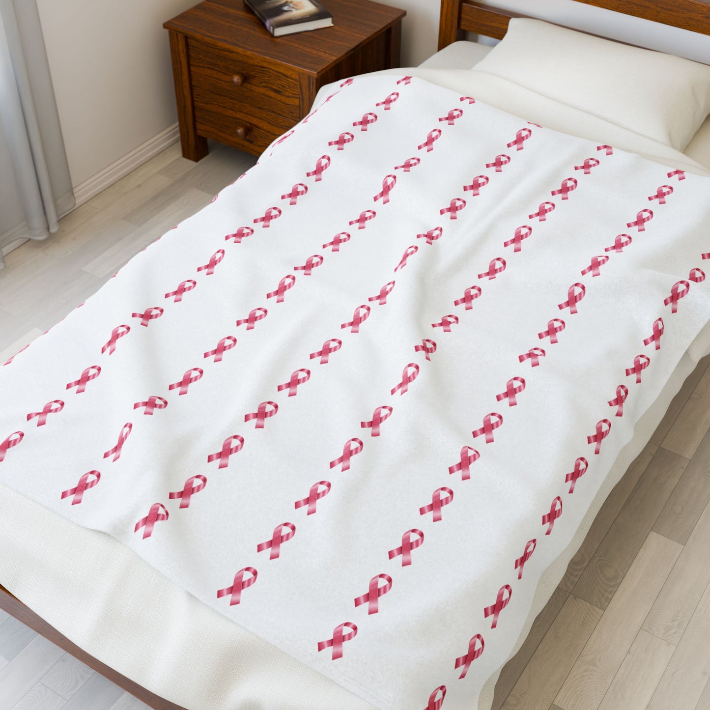 Pink Support/ Awareness Ribbon Velveteen Plush Blanket | Cozy Throw for Support & Comfort (White Background)