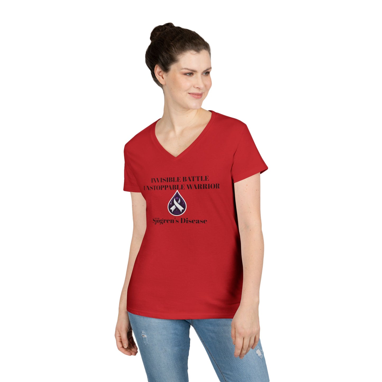 Empowering Ladies' V-Neck T-Shirt - Unstoppable Warrior Design for Sjögren's Awareness (Black Font)