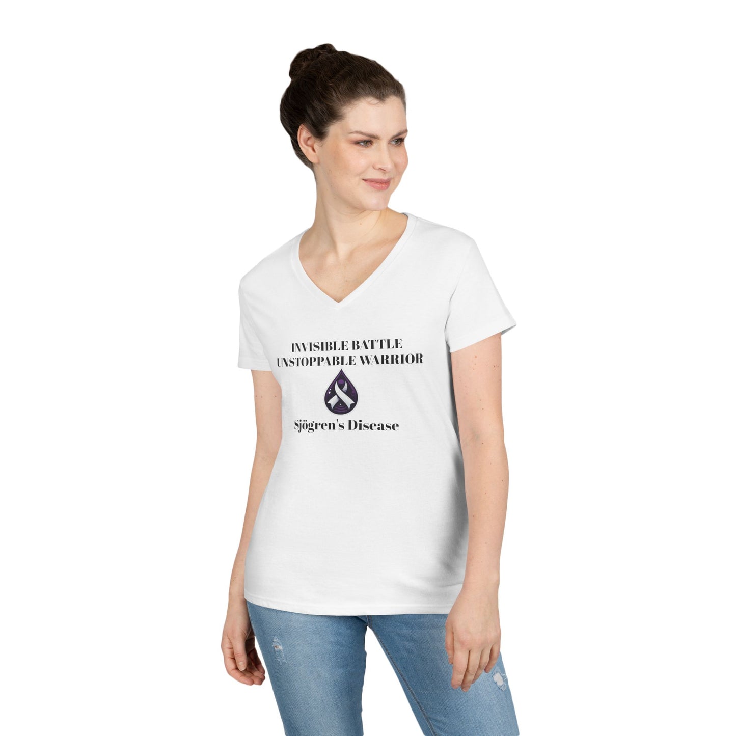 Empowering Ladies' V-Neck T-Shirt - Unstoppable Warrior Design for Sjögren's Awareness (Black Font)