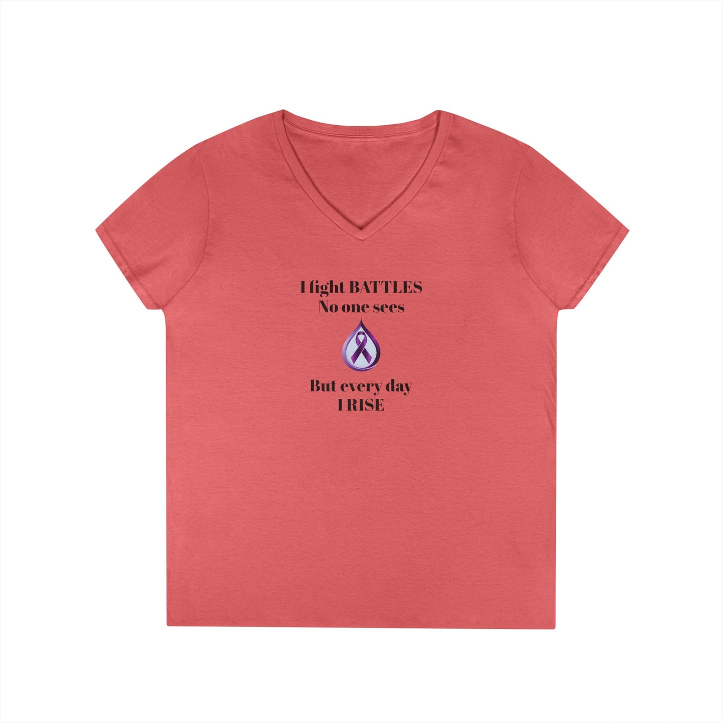Sjögren's Disease: Empowering Ladies' V-Neck T-Shirt - "I fight BATTLES no one sees, but every day I RISE" Design (Black Font/Blue Tear Graphic)