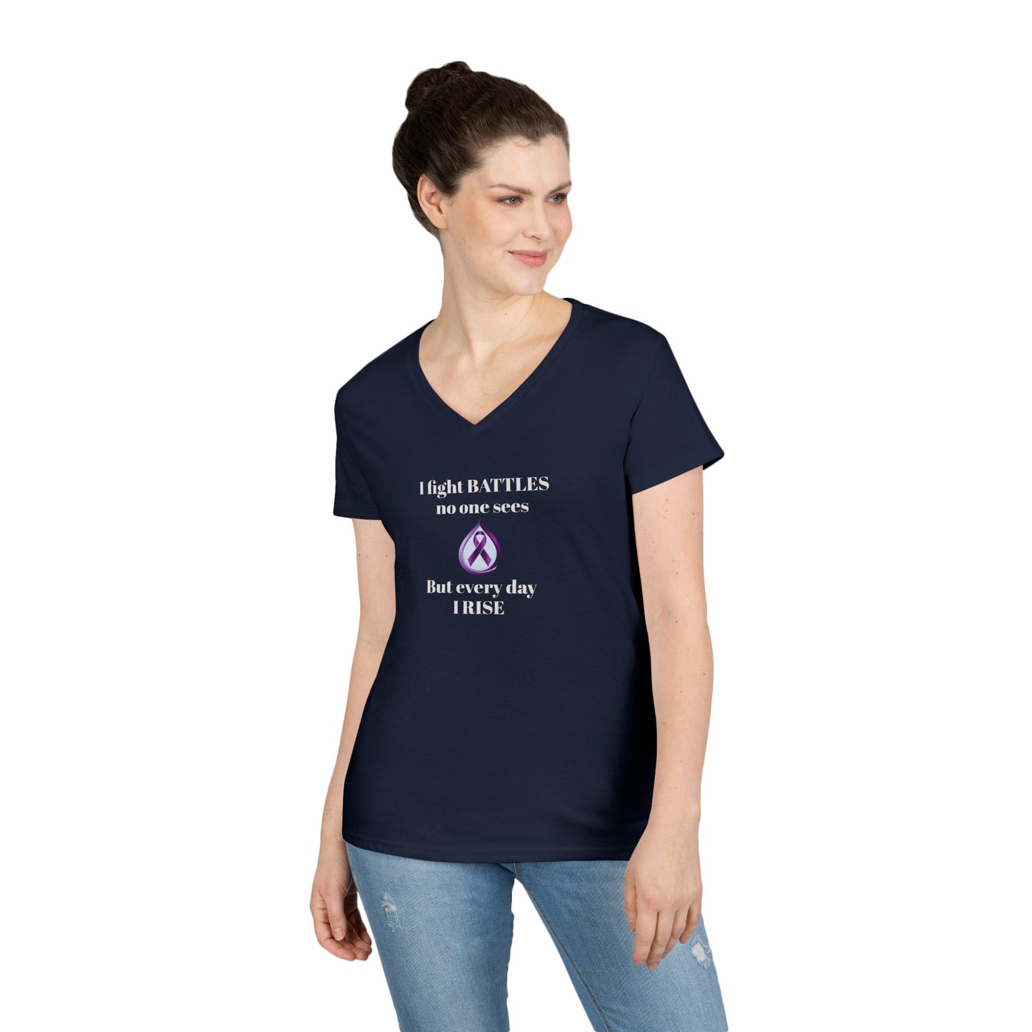 Sjögren's Disease: Empowering Ladies' V-Neck T-Shirt - "I fight BATTLES no one sees, but every day I RISE" Design (White Font/Blue Tear Graphic)