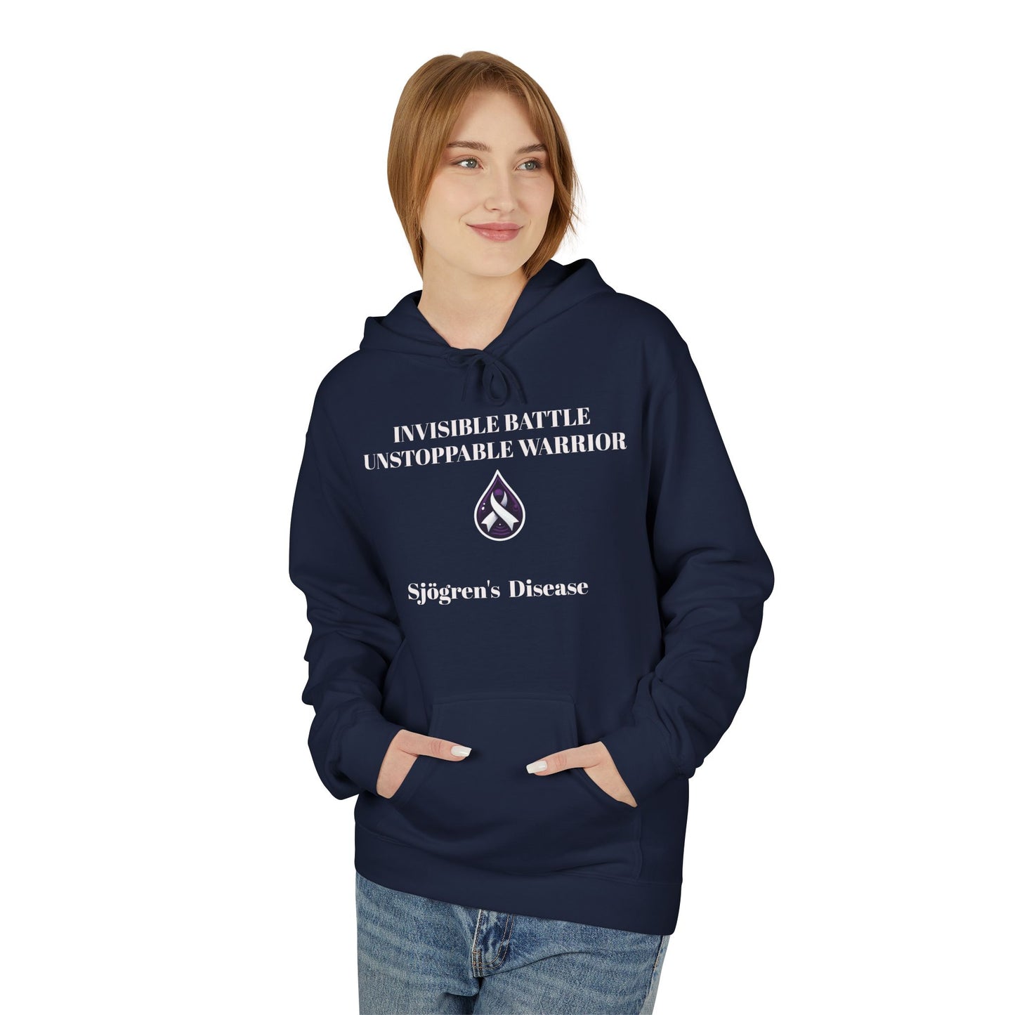 Unisex Fleece Hoodie, Sjögren's Disease - Invisible Battle Unstoppable Warrior (White Font)