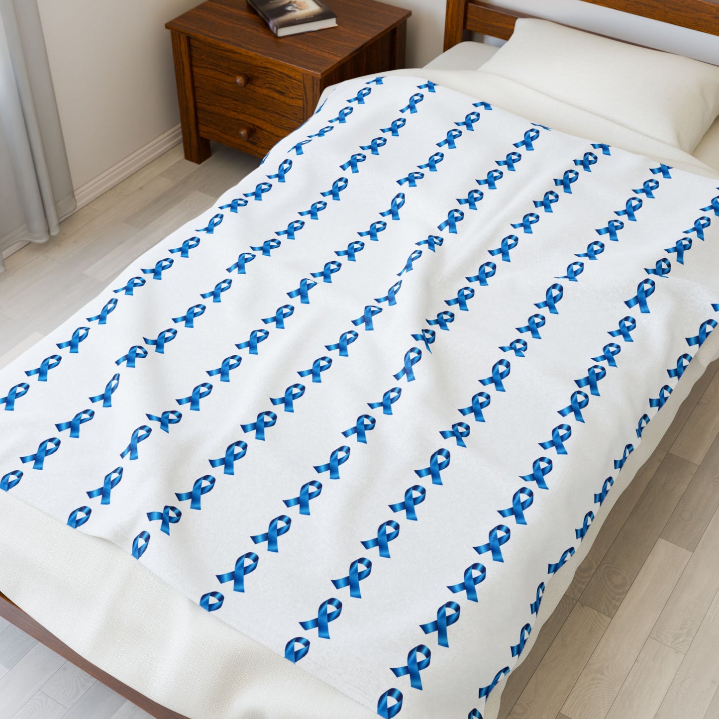 Blue Support/ Awareness Ribbon Velveteen Plush Blanket | Cozy Throw for Support & Comfort (White Background)
