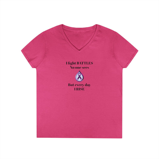 Sjögren's Disease: Empowering Ladies' V-Neck T-Shirt - "I fight BATTLES no one sees, but every day I RISE" Design (Black Font/Blue Tear Graphic)