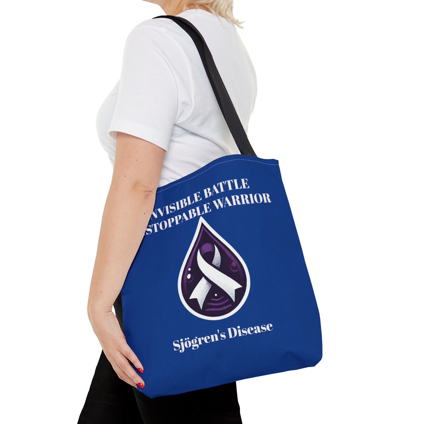Invisible Battle Unstoppable Warrior Tote Bag - Sjögren's Disease Awareness (Dark Blue)
