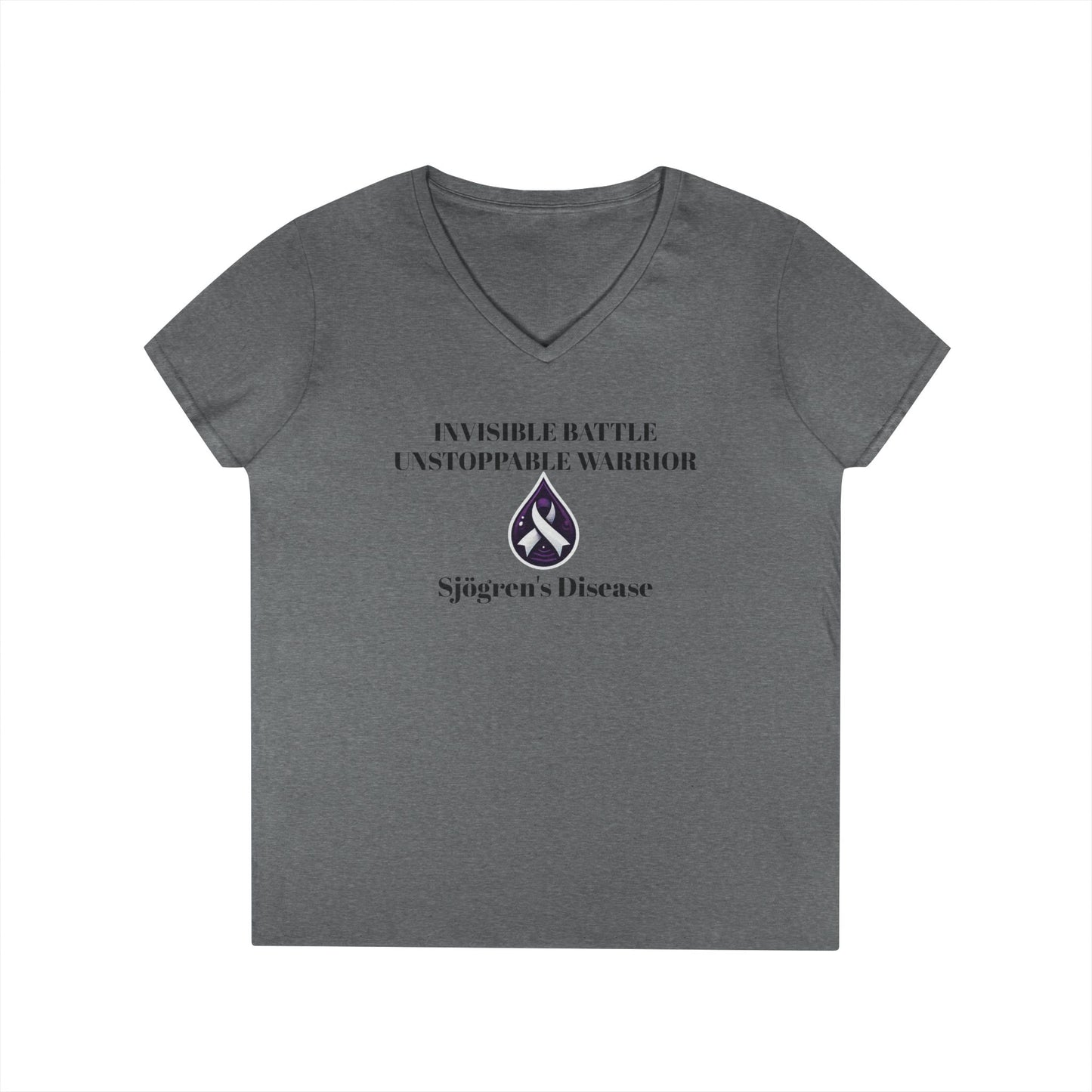 Empowering Ladies' V-Neck T-Shirt - Unstoppable Warrior Design for Sjögren's Awareness (Black Font)