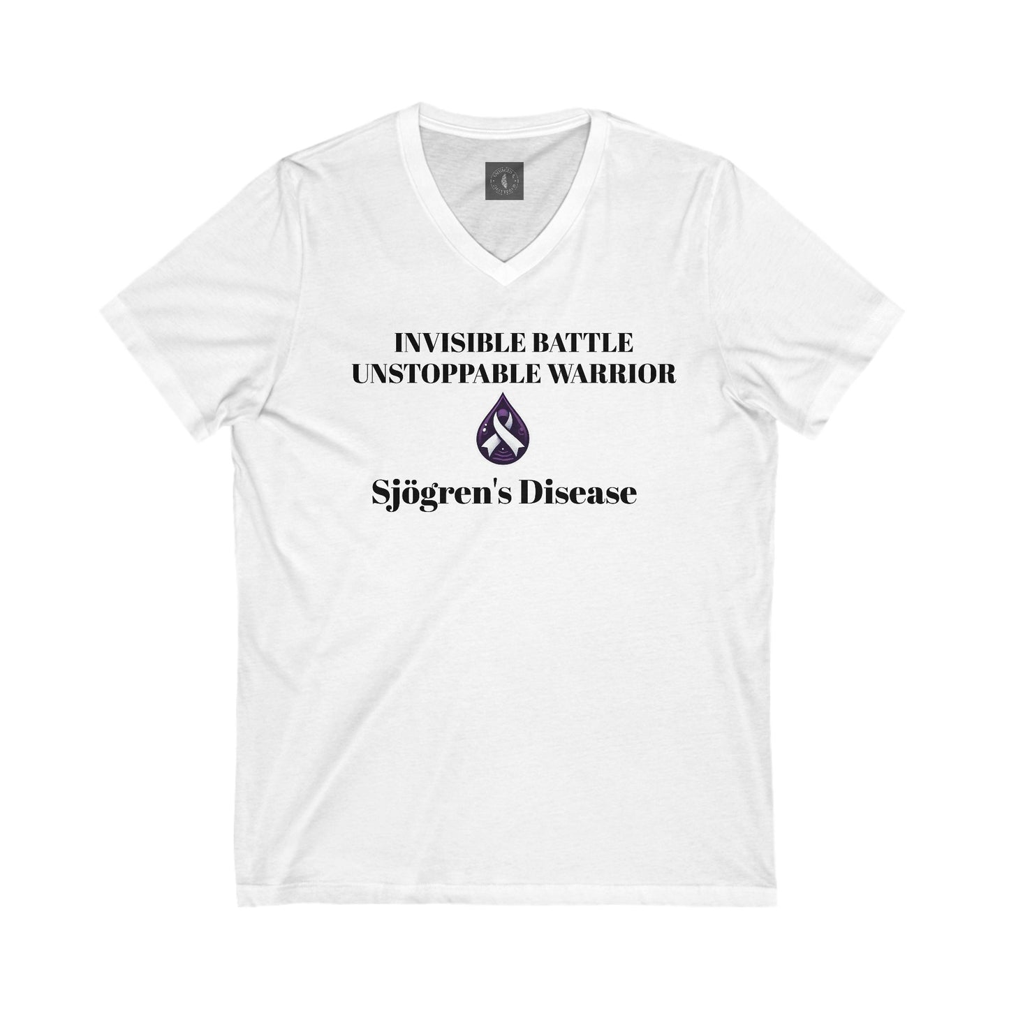 Unisex V-Neck Tee - Invisible Battle Unstoppable Warrior for Sjögren's Disease Awareness (Black Font)