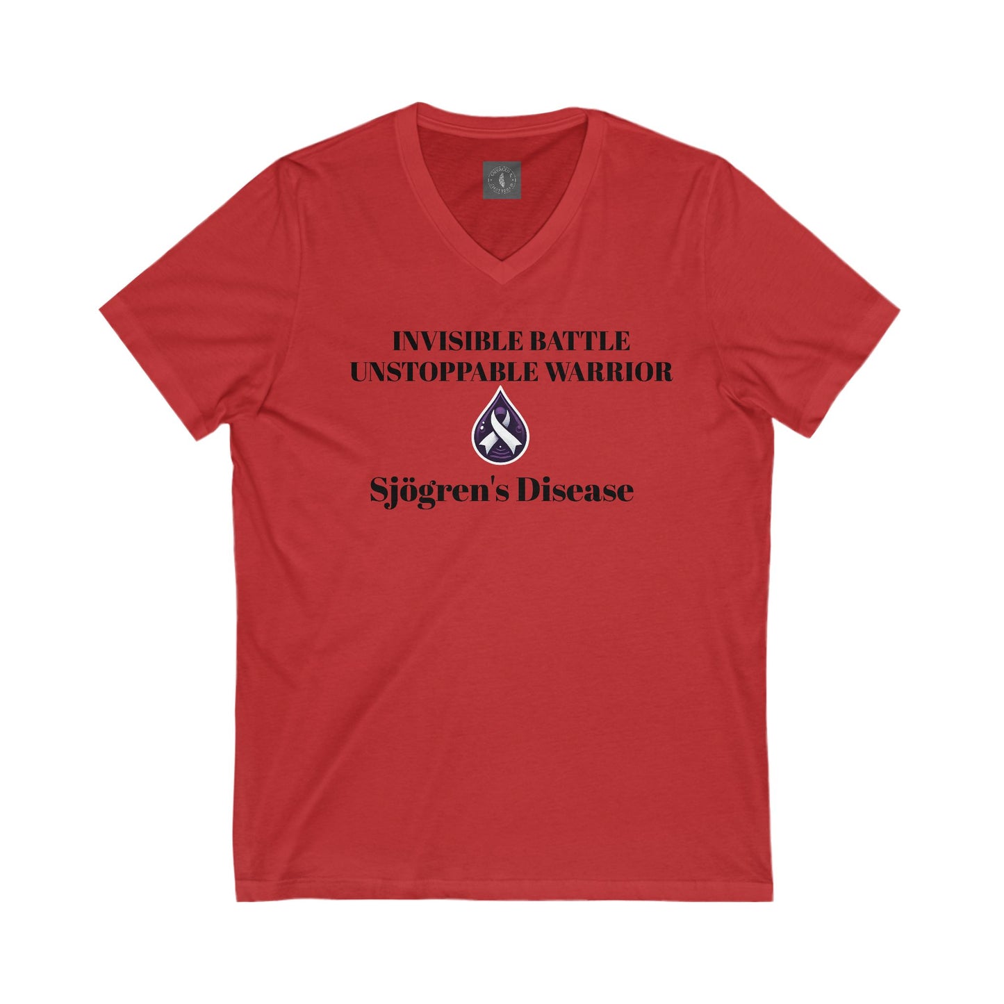 Unisex V-Neck Tee - Invisible Battle Unstoppable Warrior for Sjögren's Disease Awareness (Black Font)