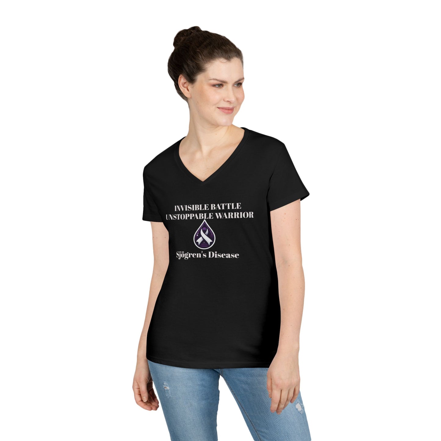 Empowering Ladies' V-Neck T-Shirt - Unstoppable Warrior Design for Sjögren's Awareness (White Font)