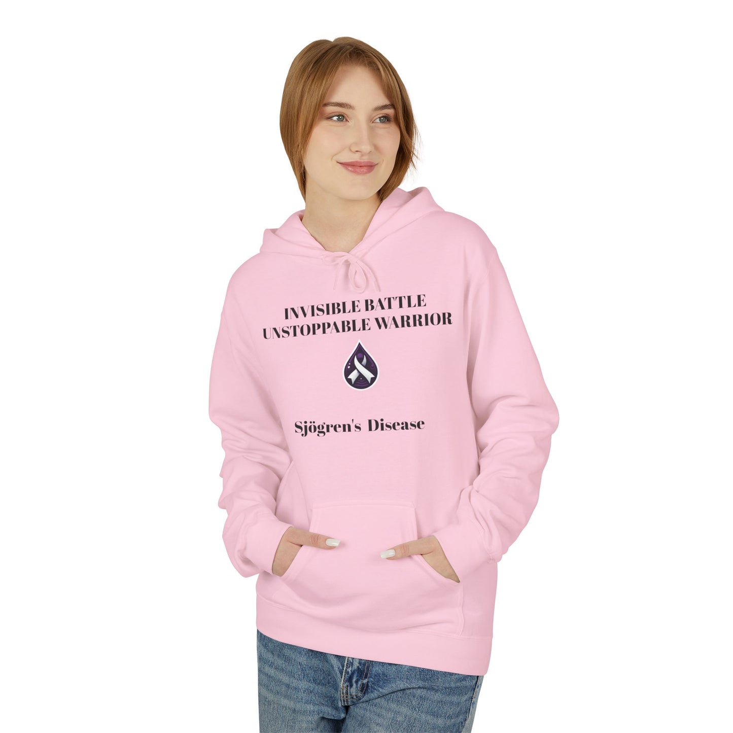Unisex Fleece Hoodie, Sjögren's Disease - Invisible Battle Unstoppable Warrior (Black Font)