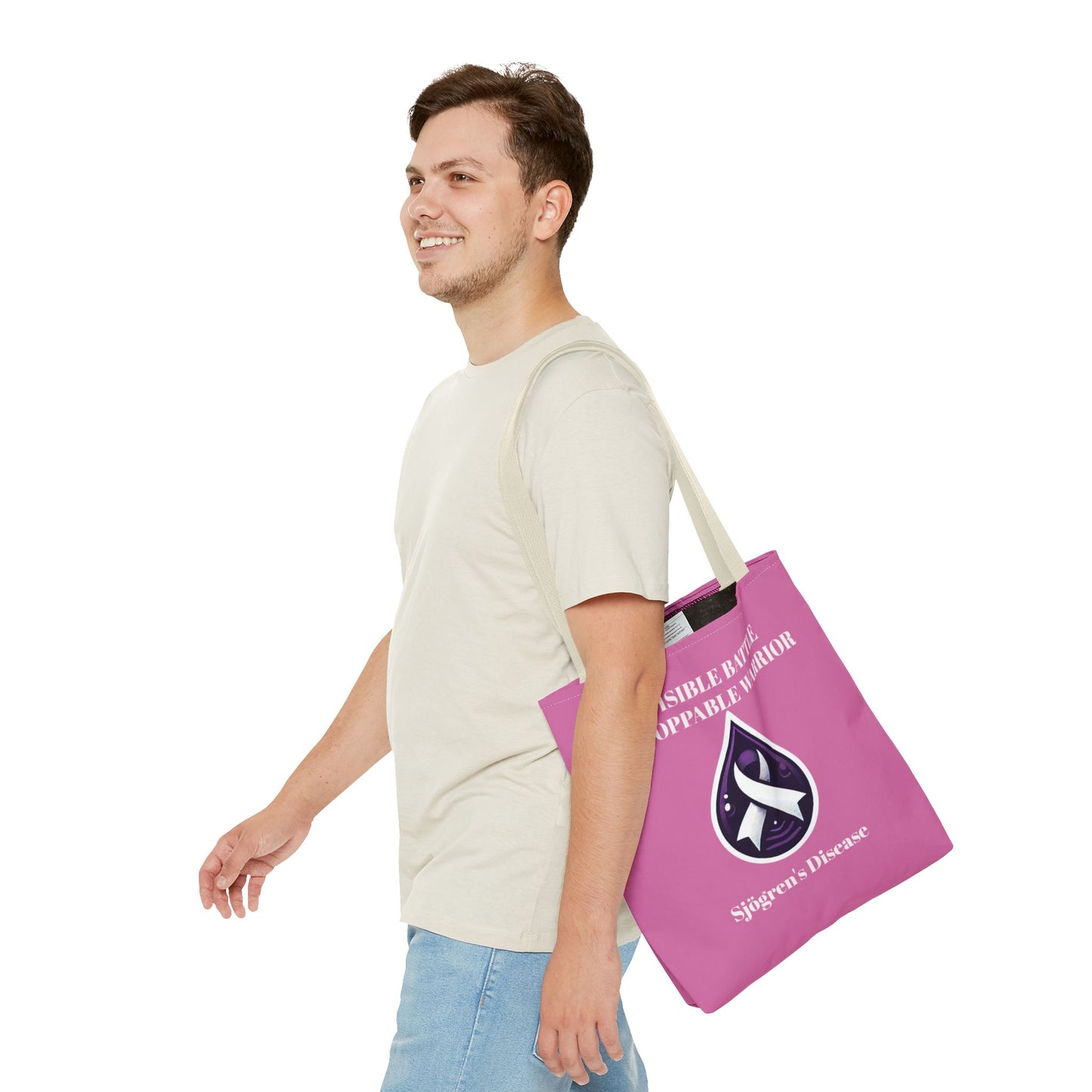 Invisible Battle Unstoppable Warrior Tote Bag - Sjögren's Disease Awareness (Light Pink)