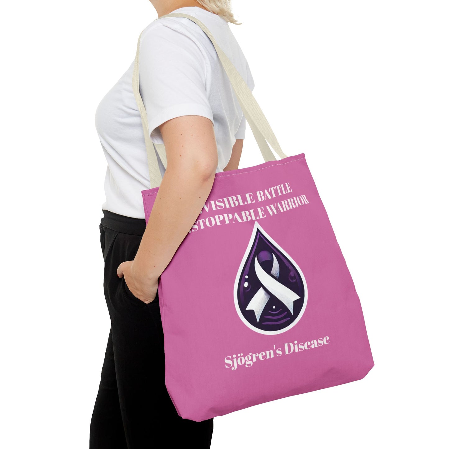 Invisible Battle Unstoppable Warrior Tote Bag - Sjögren's Disease Awareness (Light Pink)