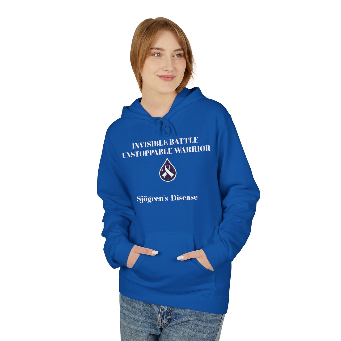 Unisex Fleece Hoodie, Sjögren's Disease - Invisible Battle Unstoppable Warrior (White Font)