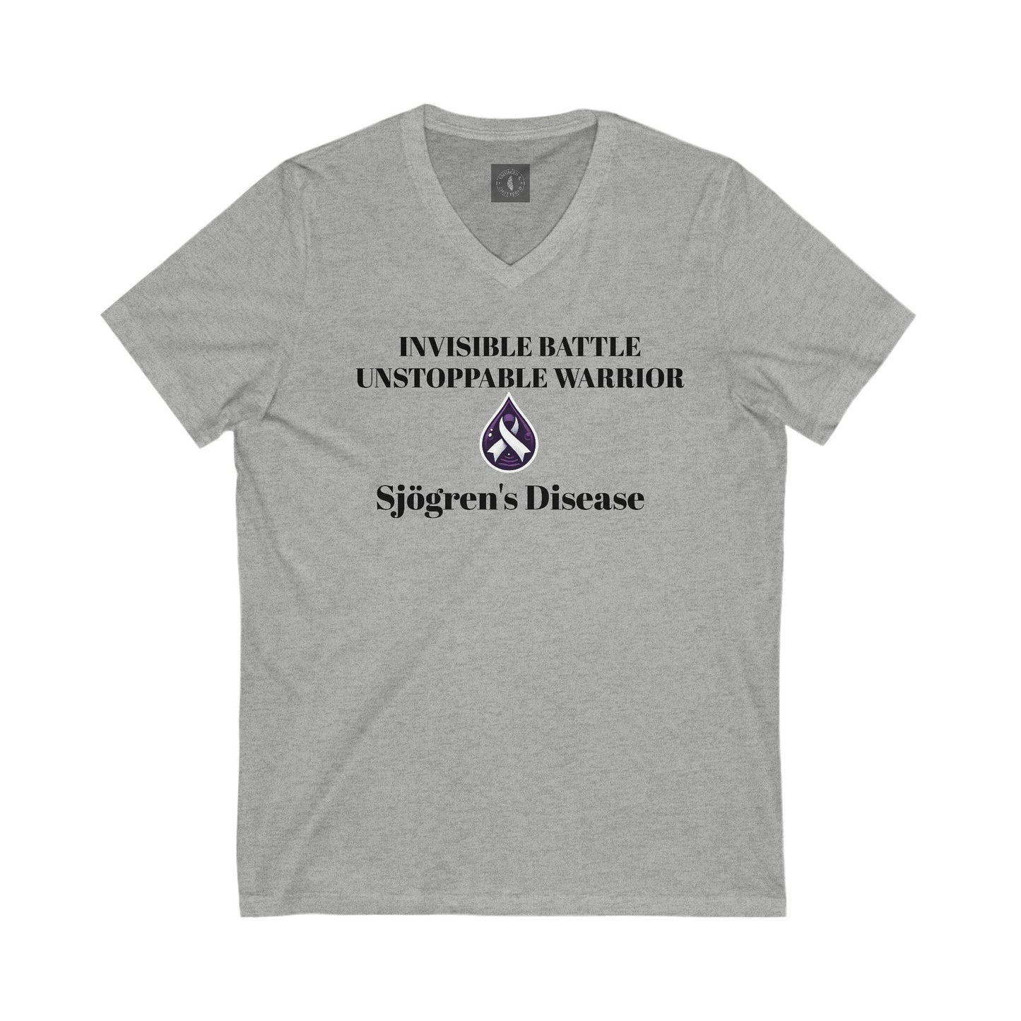 Unisex V-Neck Tee - Invisible Battle Unstoppable Warrior for Sjögren's Disease Awareness (Black Font)