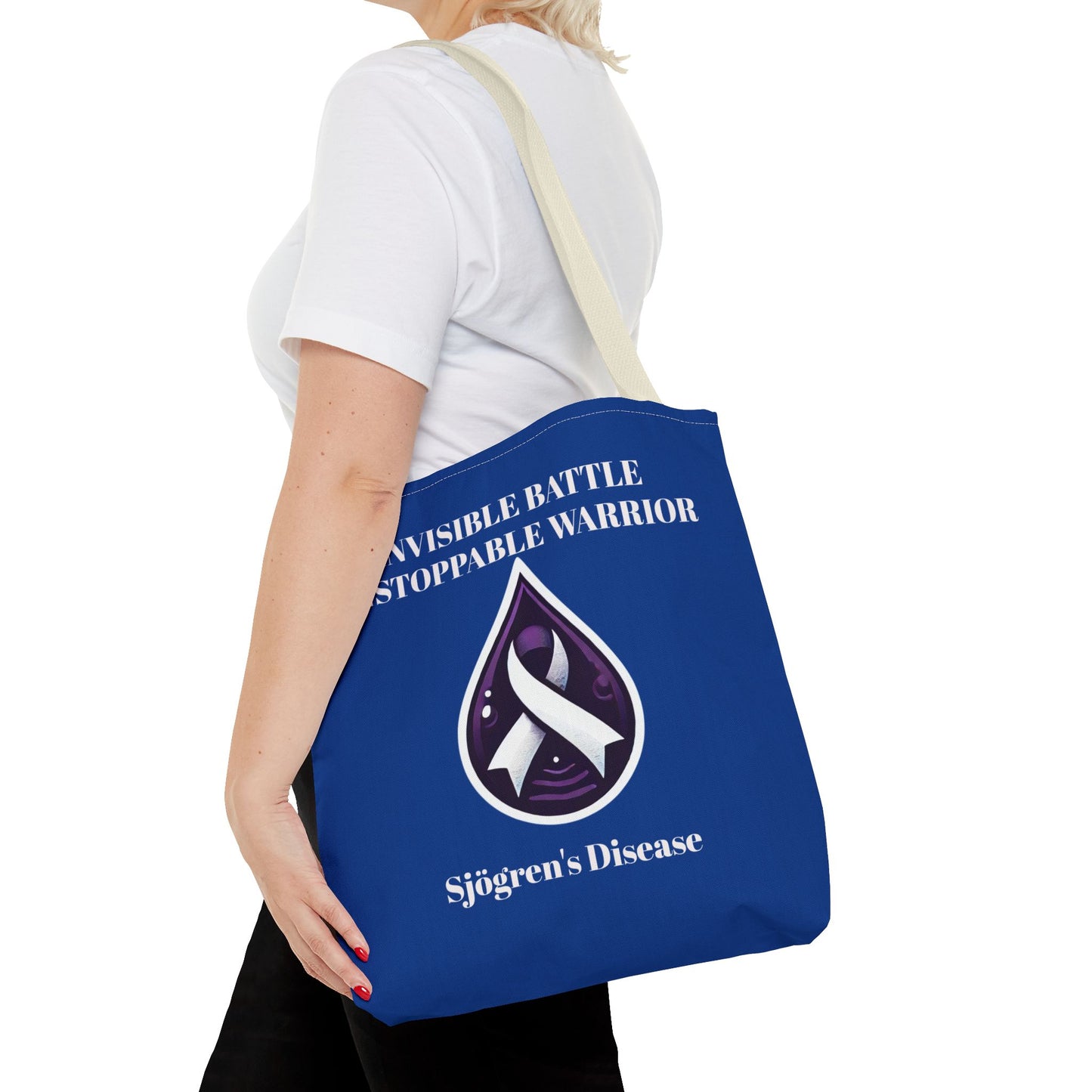 Invisible Battle Unstoppable Warrior Tote Bag - Sjögren's Disease Awareness (Dark Blue)