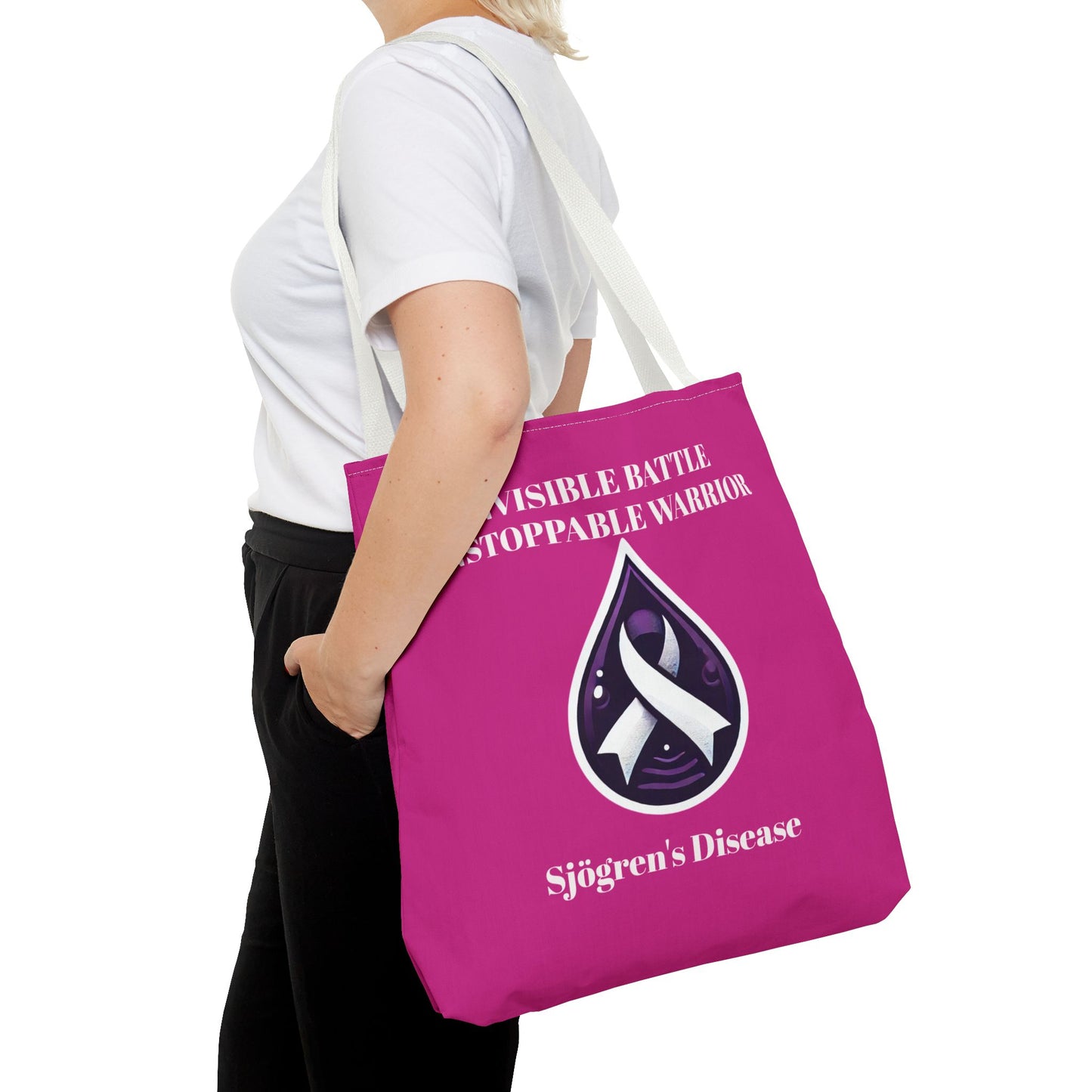 Invisible Battle Unstoppable Warrior Tote Bag - Sjögren's Disease Awareness (Dark Pink)