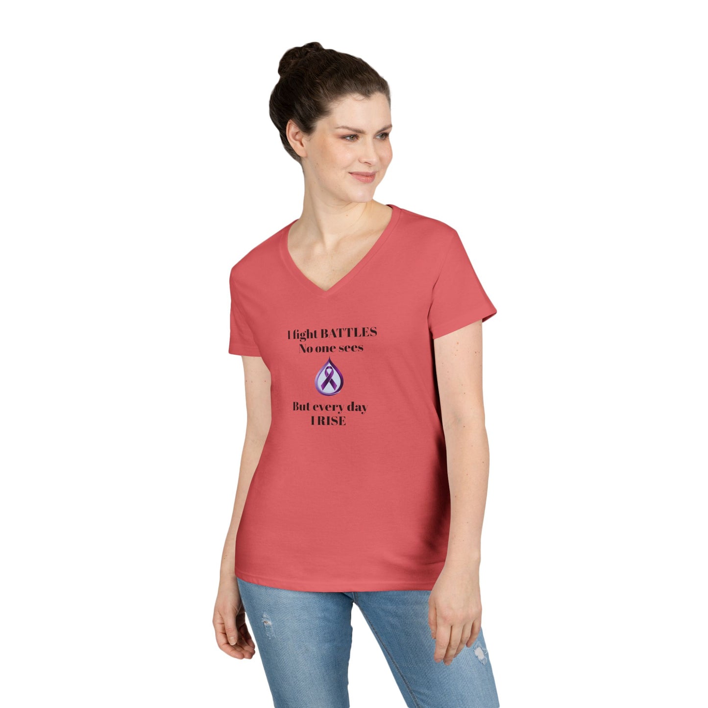 Sjögren's Disease: Empowering Ladies' V-Neck T-Shirt - "I fight BATTLES no one sees, but every day I RISE" Design (Black Font/Blue Tear Graphic)