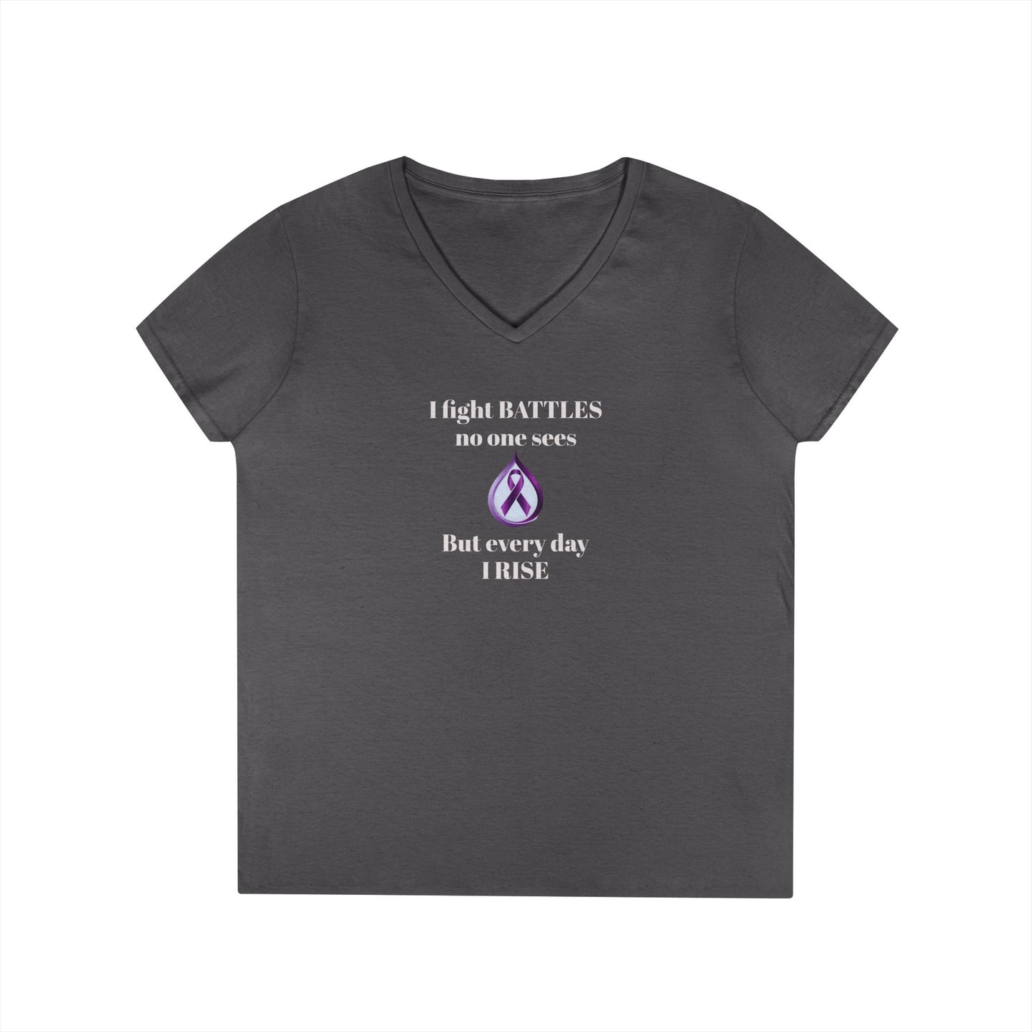Sjögren's Disease: Empowering Ladies' V-Neck T-Shirt - "I fight BATTLES no one sees, but every day I RISE" Design (White Font/Blue Tear Graphic)