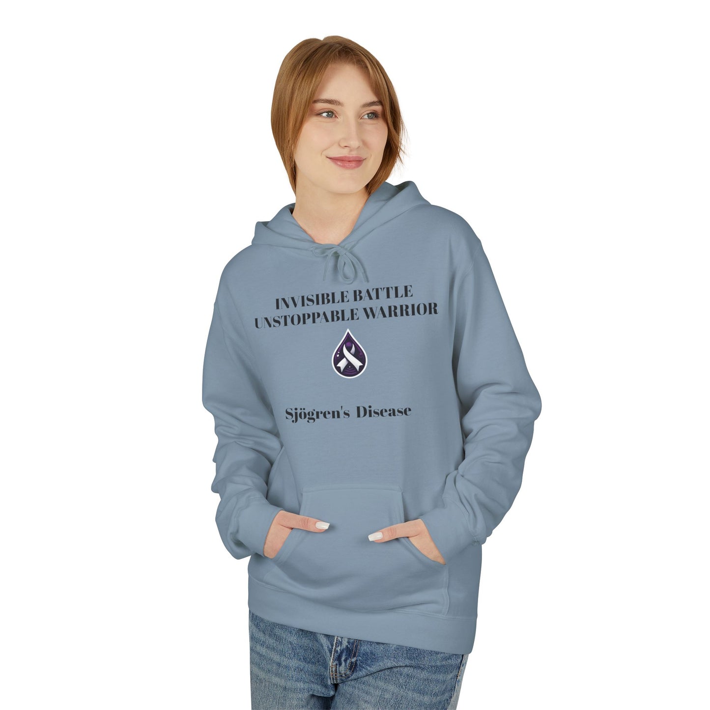Unisex Fleece Hoodie, Sjögren's Disease - Invisible Battle Unstoppable Warrior (Black Font)