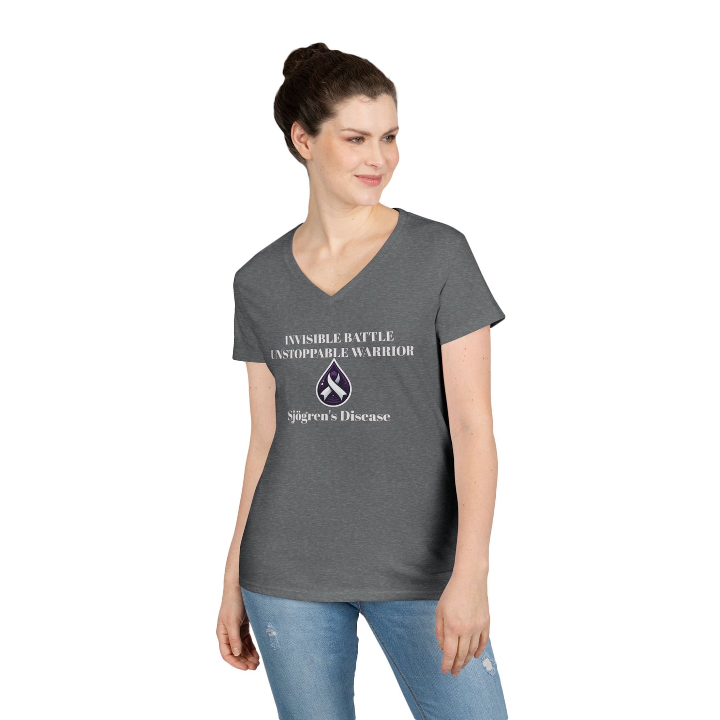 Empowering Ladies' V-Neck T-Shirt - Unstoppable Warrior Design for Sjögren's Awareness (White Font)