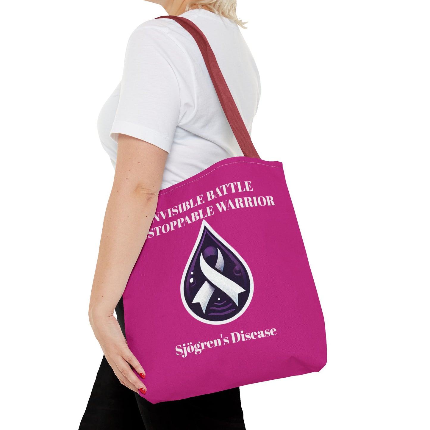 Invisible Battle Unstoppable Warrior Tote Bag - Sjögren's Disease Awareness (Dark Pink)