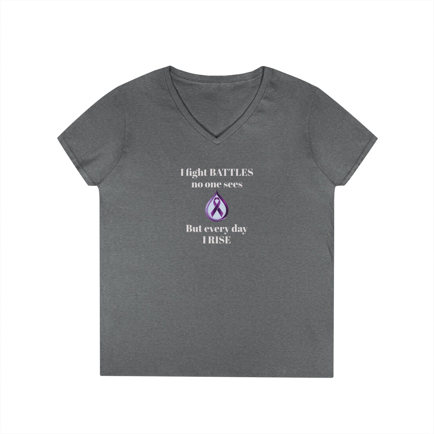 Sjögren's Disease: Empowering Ladies' V-Neck T-Shirt - "I fight BATTLES no one sees, but every day I RISE" Design (White Font/Blue Tear Graphic)