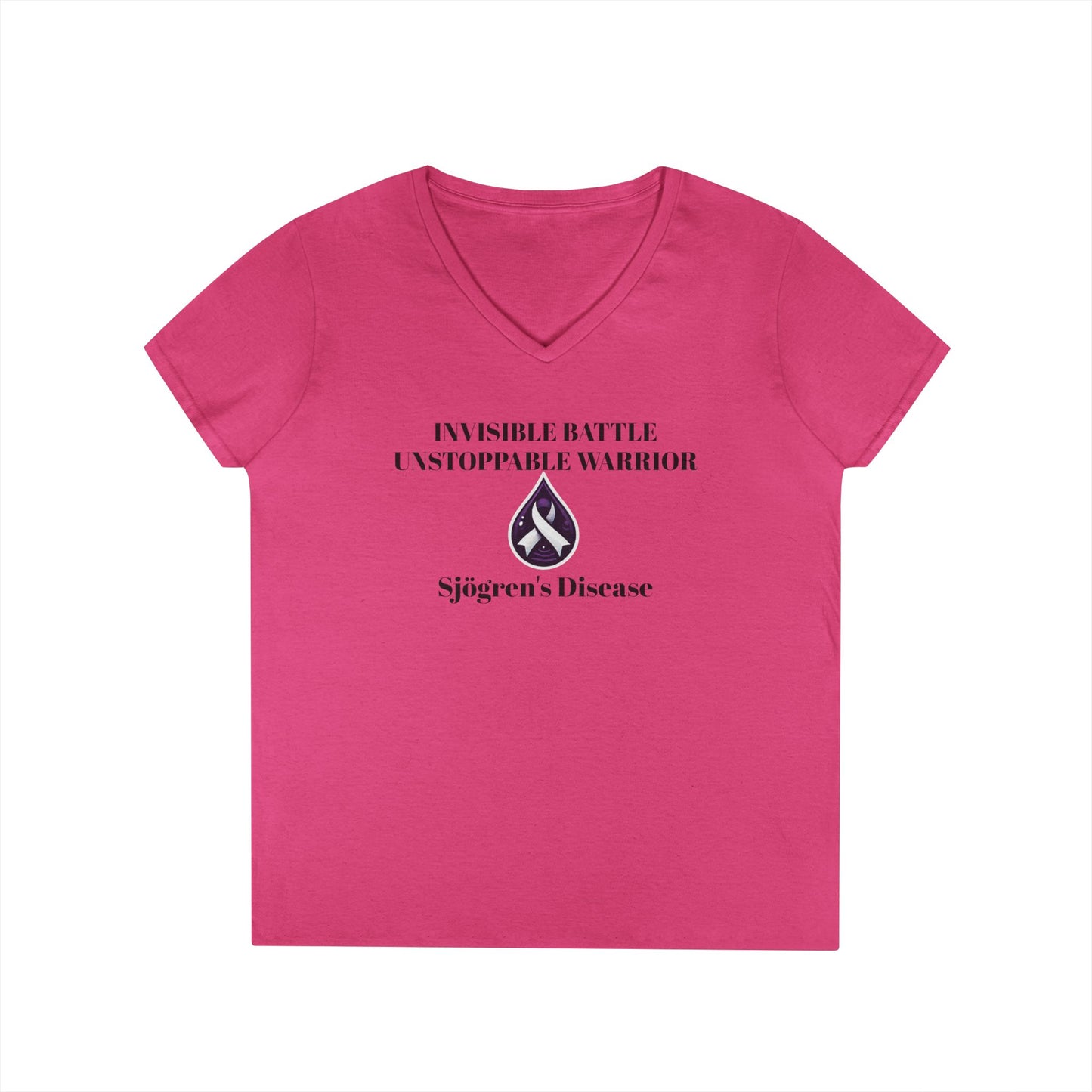 Empowering Ladies' V-Neck T-Shirt - Unstoppable Warrior Design for Sjögren's Awareness (Black Font)