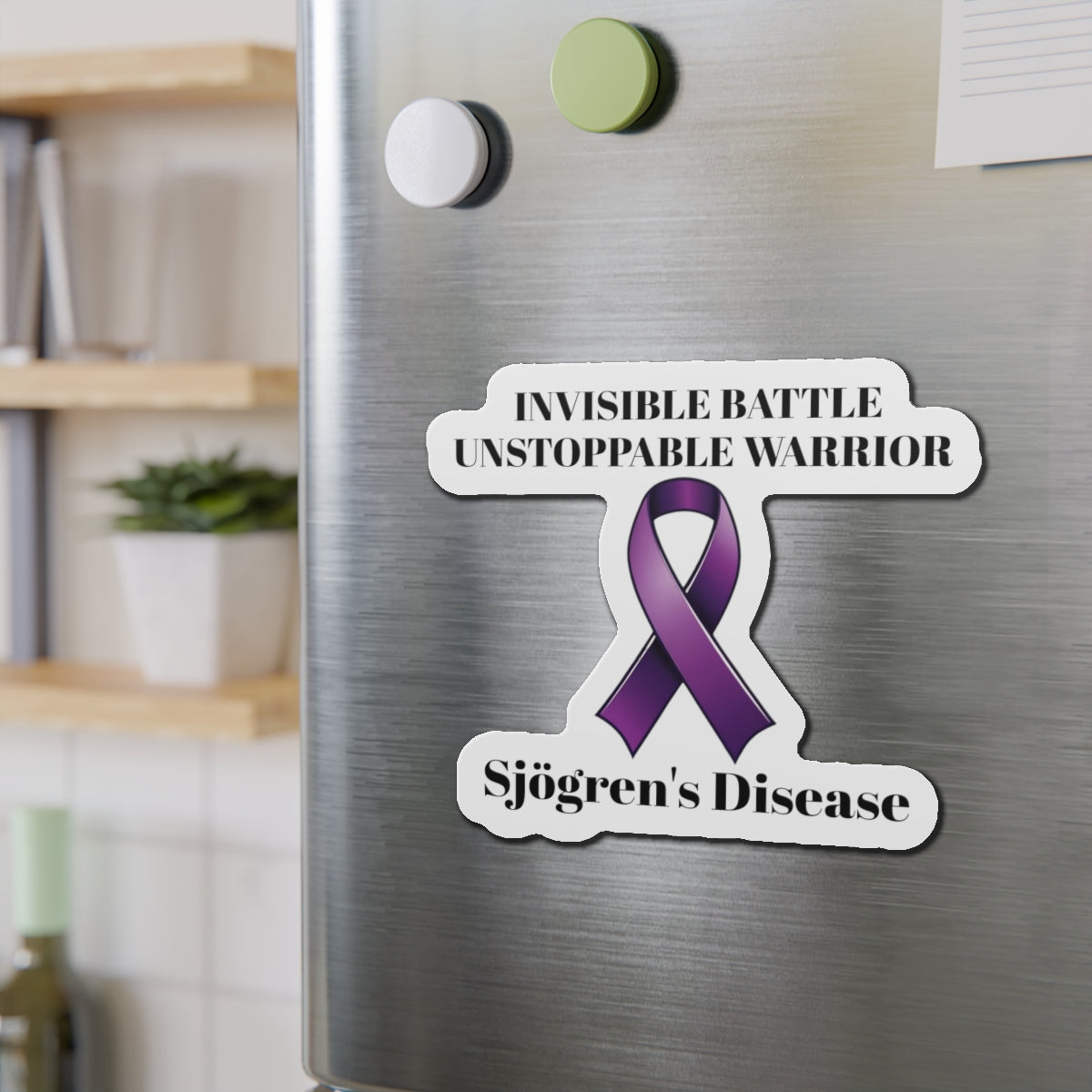 Sjögren's Disease: Invisible Battle Unstoppable Warrior Die-Cut Magnet - Sjögren's Disease Awareness Purple Support Ribbon