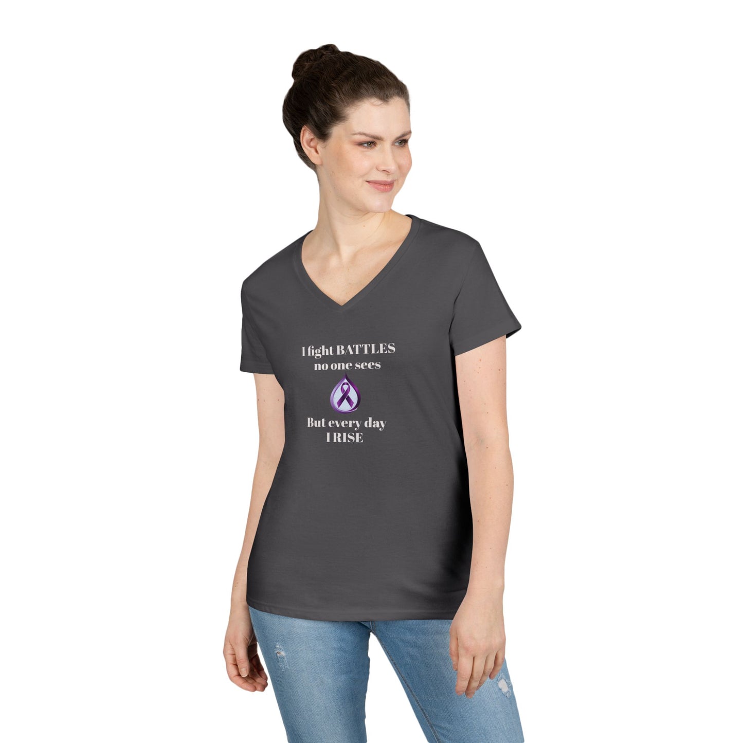 Sjögren's Disease: Empowering Ladies' V-Neck T-Shirt - "I fight BATTLES no one sees, but every day I RISE" Design (White Font/Blue Tear Graphic)