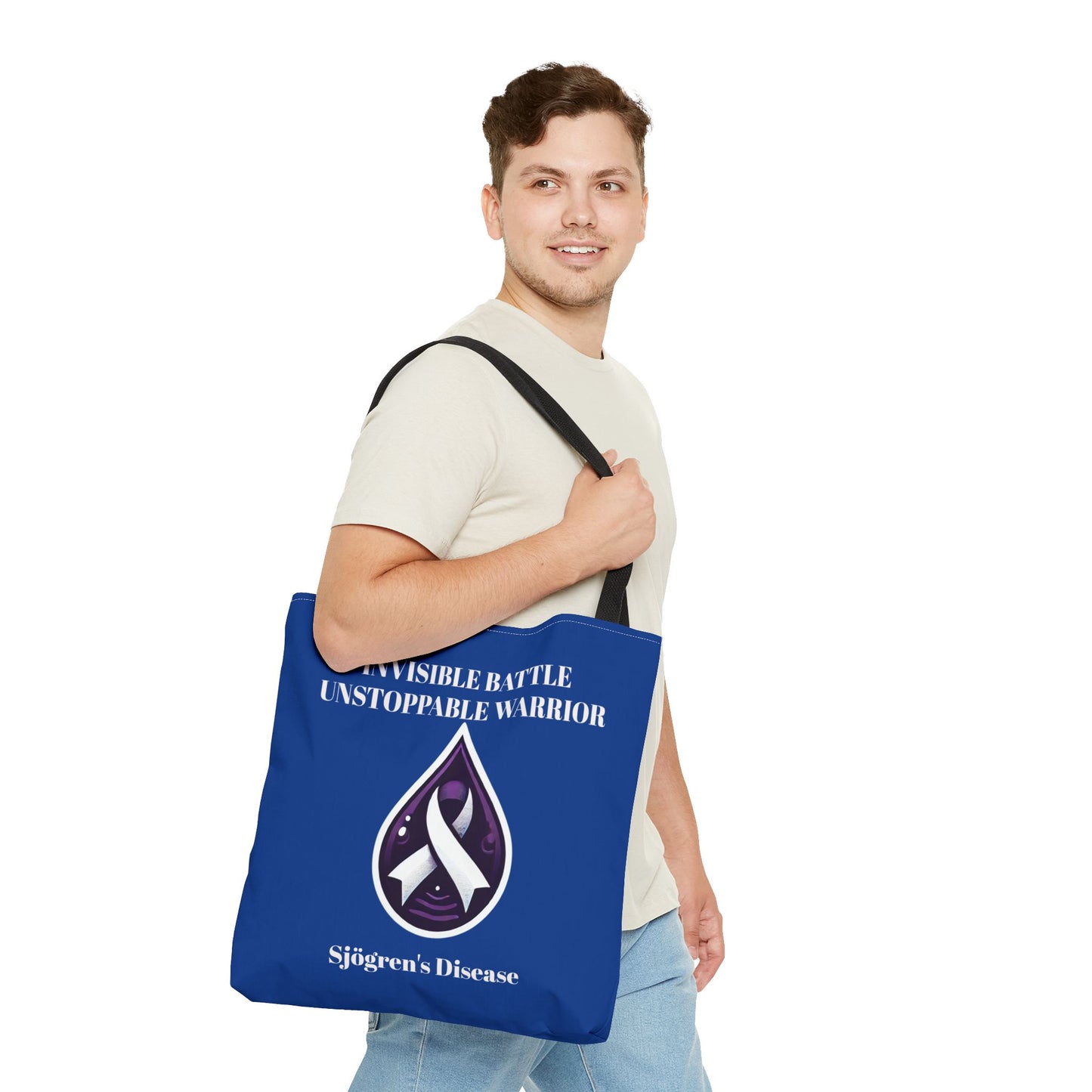 Invisible Battle Unstoppable Warrior Tote Bag - Sjögren's Disease Awareness (Dark Blue)