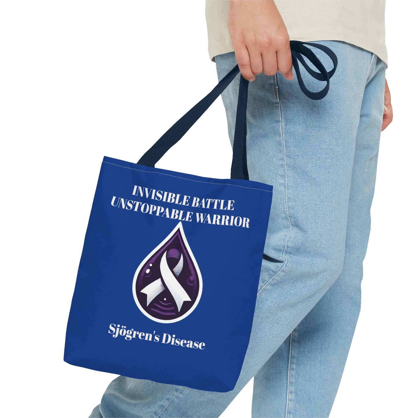 Invisible Battle Unstoppable Warrior Tote Bag - Sjögren's Disease Awareness (Dark Blue)