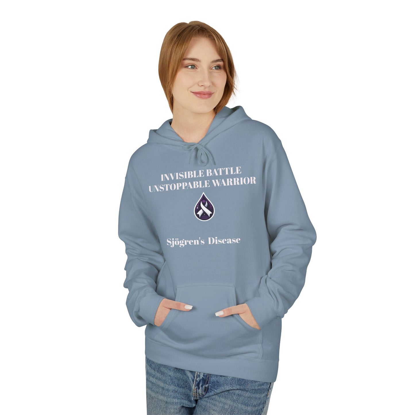 Unisex Fleece Hoodie, Sjögren's Disease - Invisible Battle Unstoppable Warrior (White Font)