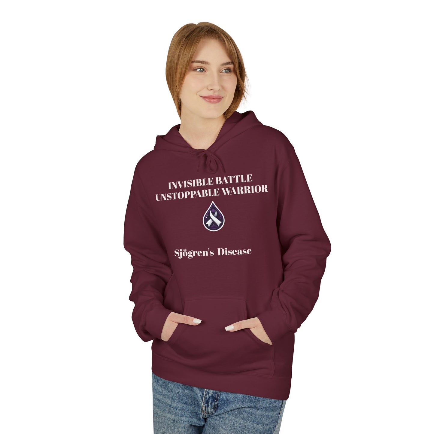 Unisex Fleece Hoodie, Sjögren's Disease - Invisible Battle Unstoppable Warrior (White Font)