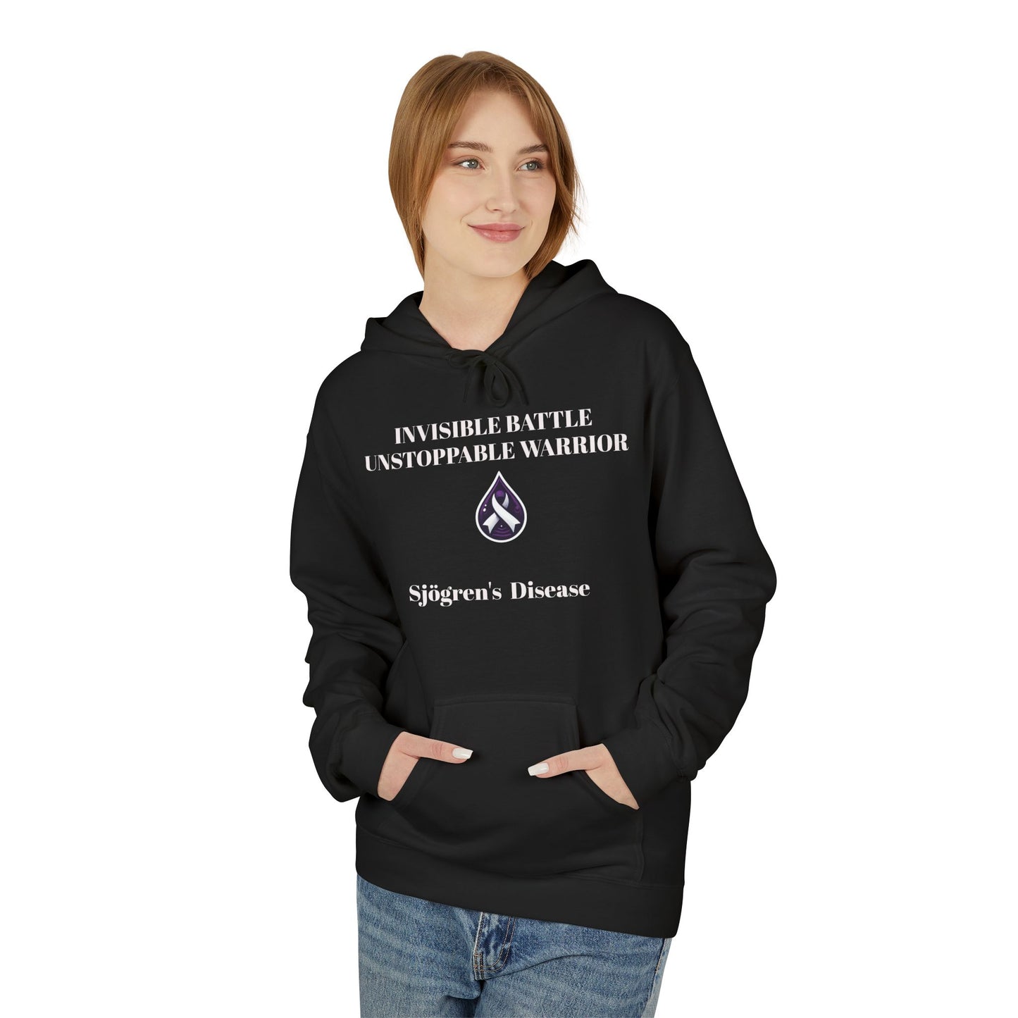 Unisex Fleece Hoodie, Sjögren's Disease - Invisible Battle Unstoppable Warrior (White Font)