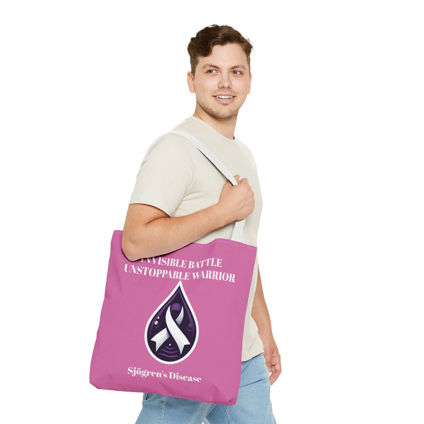 Invisible Battle Unstoppable Warrior Tote Bag - Sjögren's Disease Awareness (Light Pink)